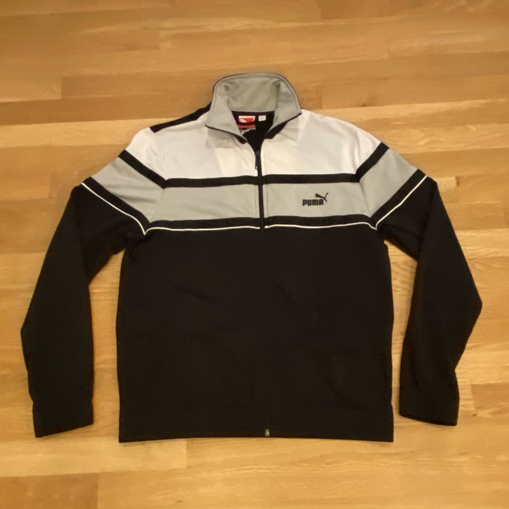 Puma Womens Black Full Zip Track Jacket / Black W Gray Wht Wide Stripes / Size S